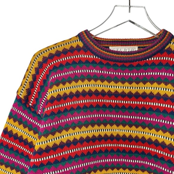 Vintage Wool Oversized Women’s Crew Neck Chunky Striped Grandpa Sweater Sz L - Picture 3 of 11